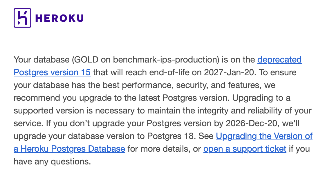 Heroku email warning that a Postgres 15 database reaches end-of-life on 2027-Jan-20