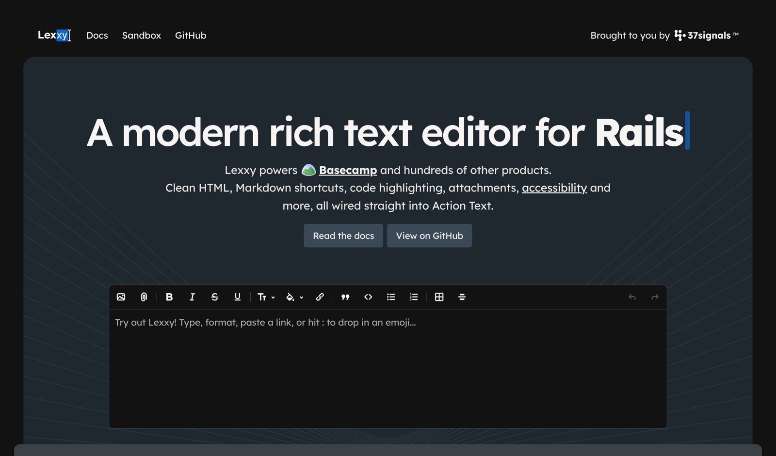 The Lexxy homepage at lexxy.dev, showing its live toolbar with formatting, tables, code blocks, and image/attachment buttons
