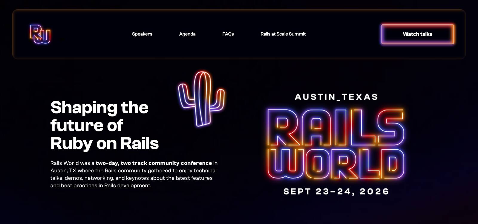 The Rails World 2026 website, with the tagline 'Shaping the future of Ruby on Rails' next to the neon Rails World logo and the dates 'Austin, Texas, Sept 23-24, 2026'